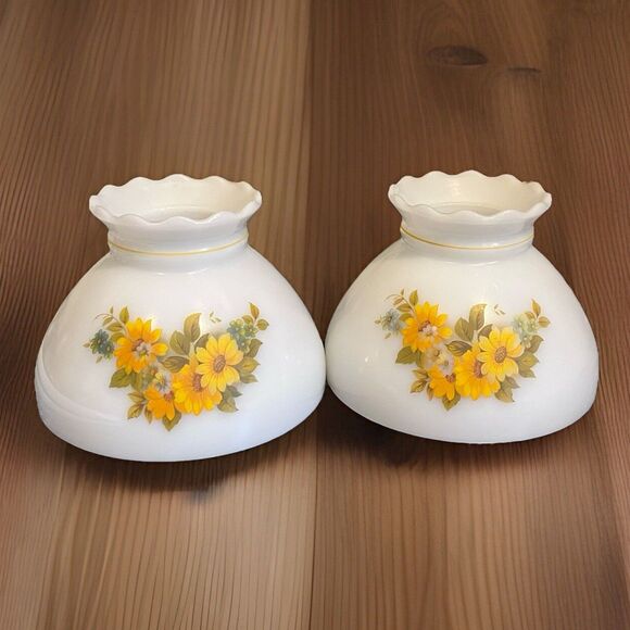 VTG White Student Glass Lamp Shades with Yellow and Blue Flowers - 2 Available - Picture 1 of 9